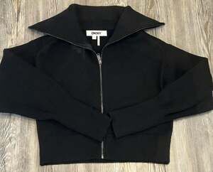 DKNY Black Ribbed Knit Full Zip Cropped Sweater Jacket